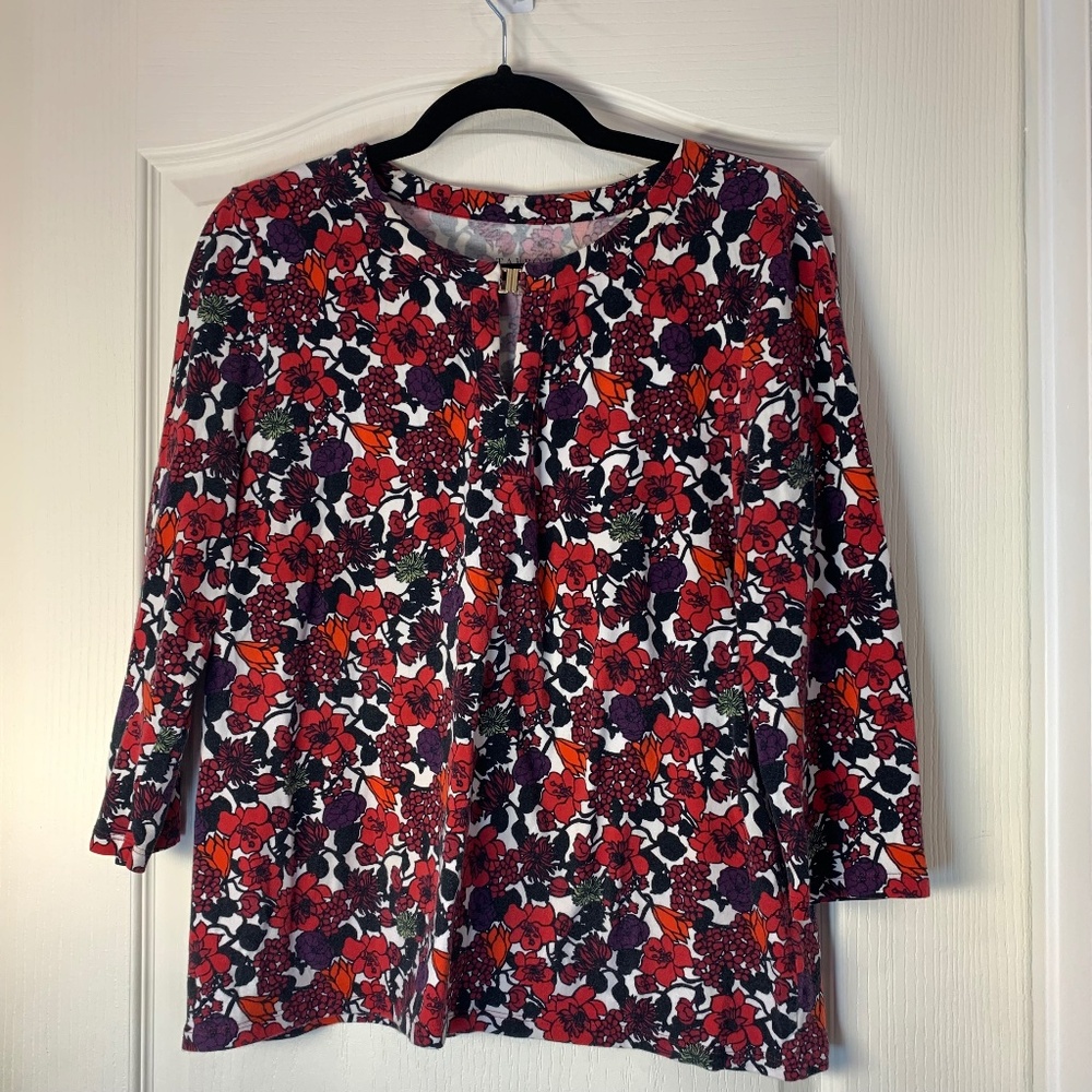 Talbots Petite Floral 3/4 Sleeve T-Shirt Style Top | Gold Button Neck | LP